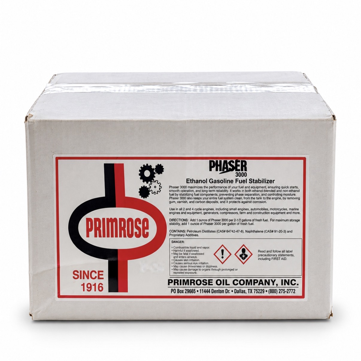 Sealed case of Primrose Phaser 3000 Ethanol Gasoline Fuel Stabilizer with the full product label, directions and safety information.