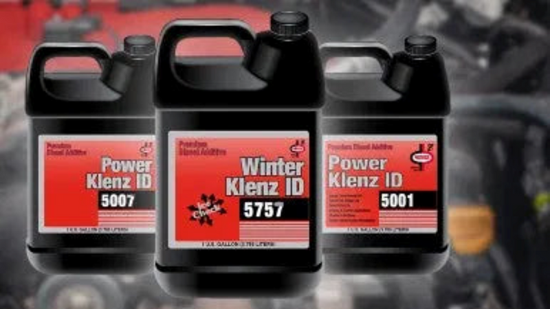 Primrose Power Klenz ID 5007, Winter Klenz ID 5757, and Power Klenz ID 5001 diesel fuel additive bottles