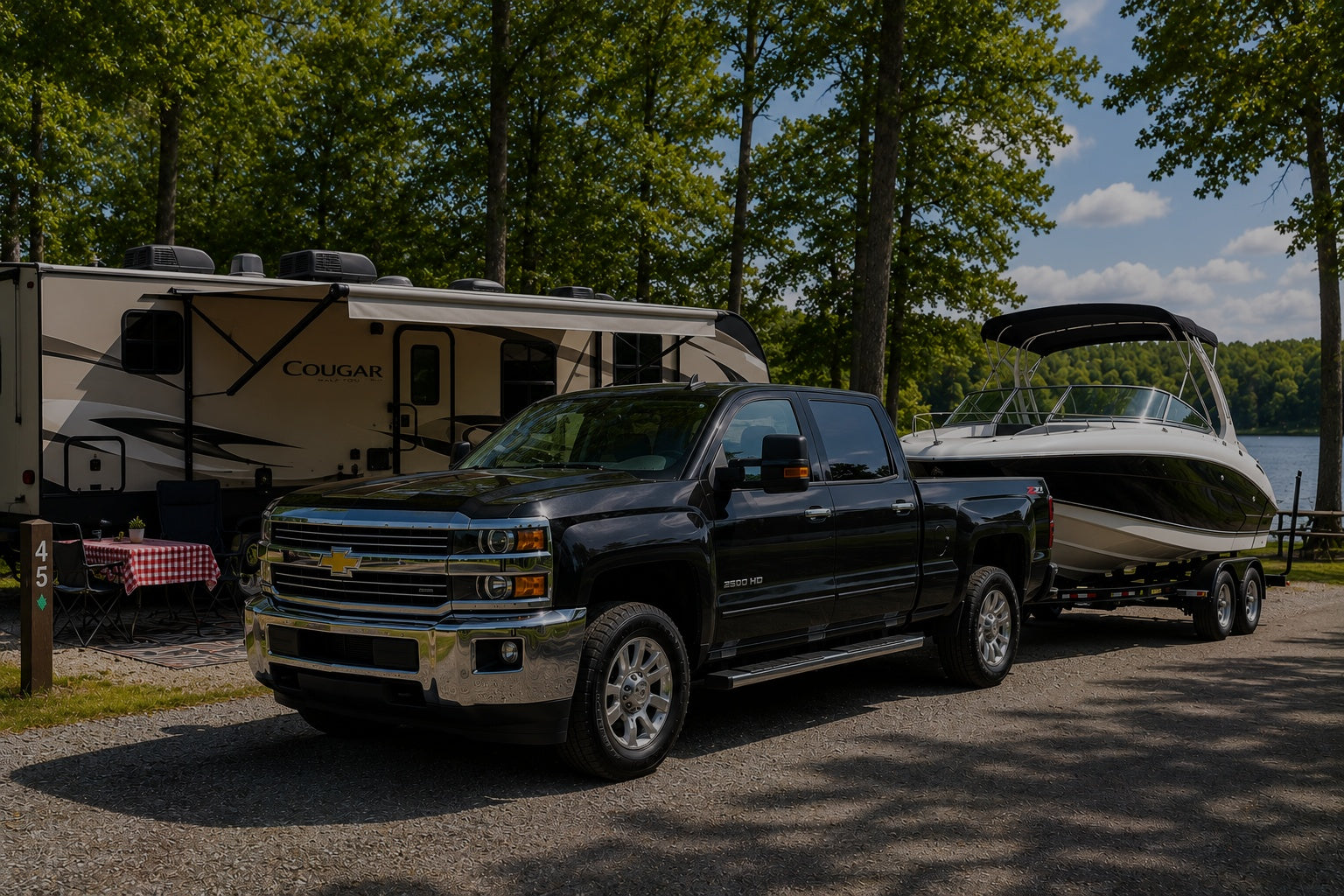 Pickup truck towing a recreational boat at a campground representing premium gasoline fuel additives that help prevent ethanol fuel problems, water in fuel, phase separation, dirty fuel injectors, and fuel system deposits.
