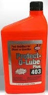 ASJ Products LLC 403 Protect O Lube Plus gasoline additive bottle with label, used for engine protection and fuel system maintenance. Gasoline fuel additive, injector and carburetor cleaner and fuel stabilizer.