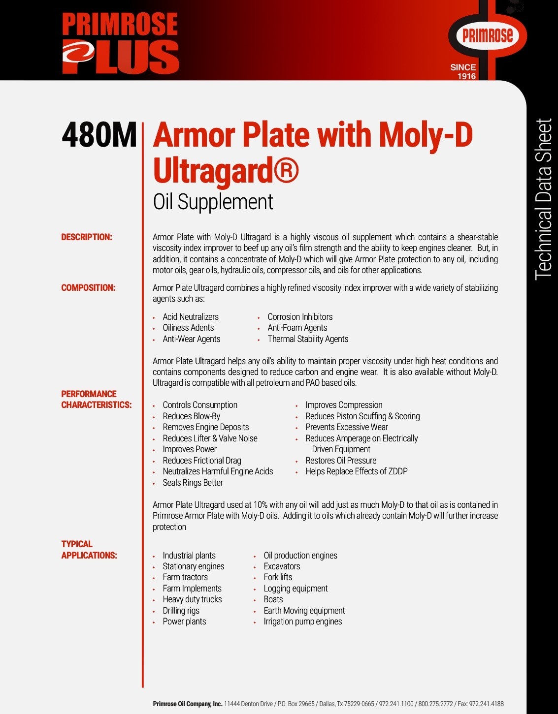Primrose 480M Armor Plate with Moly D Ultragard engine oil container, showing product label and branding for grease and fuel additives. Engine oil supplement, Moly-D oil fortifier for engine wear protection.