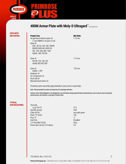 Primrose 480M Armor Plate with Moly D Ultragard engine oil container, showing product label and packaging details. Engine oil supplement, Moly-D oil fortifier for engine wear protection.