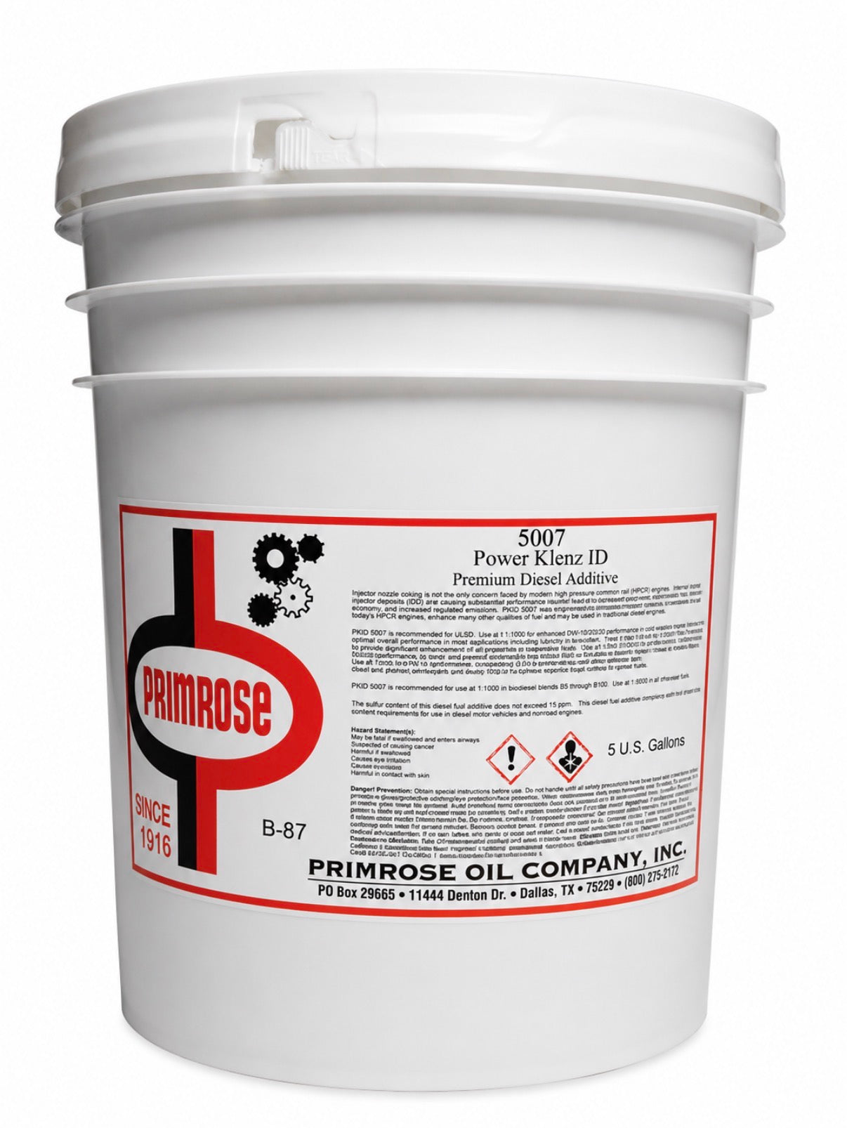 Primrose 5007 Premium Diesel Fuel Additive 5 Gallon pail showing label and front view, designed to improve diesel engine performance. Diesel fuel additive, injector cleaner and cetane booster for diesel engines.