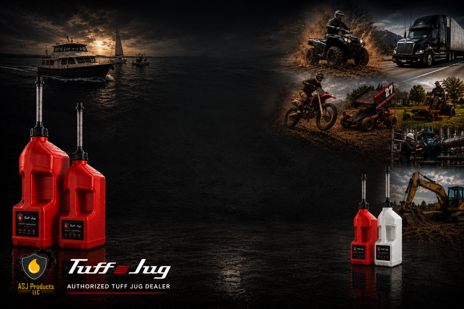 Tuff Jug utility containers showing three spill-resistant jugs in red, white, and blue, with boats and a mountain backdrop behind them. Large text reads 'Authorized Tuff Jug Dealer' and highlights premium containers designed for watersports