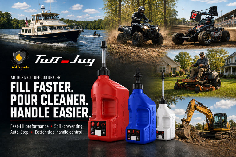 Tuff Jug utility containers showing three spill-resistant jugs in red, white, and blue, with boats and a mountain backdrop behind them. Large text reads 'Authorized Tuff Jug Dealer' and highlights premium containers designed for watersports