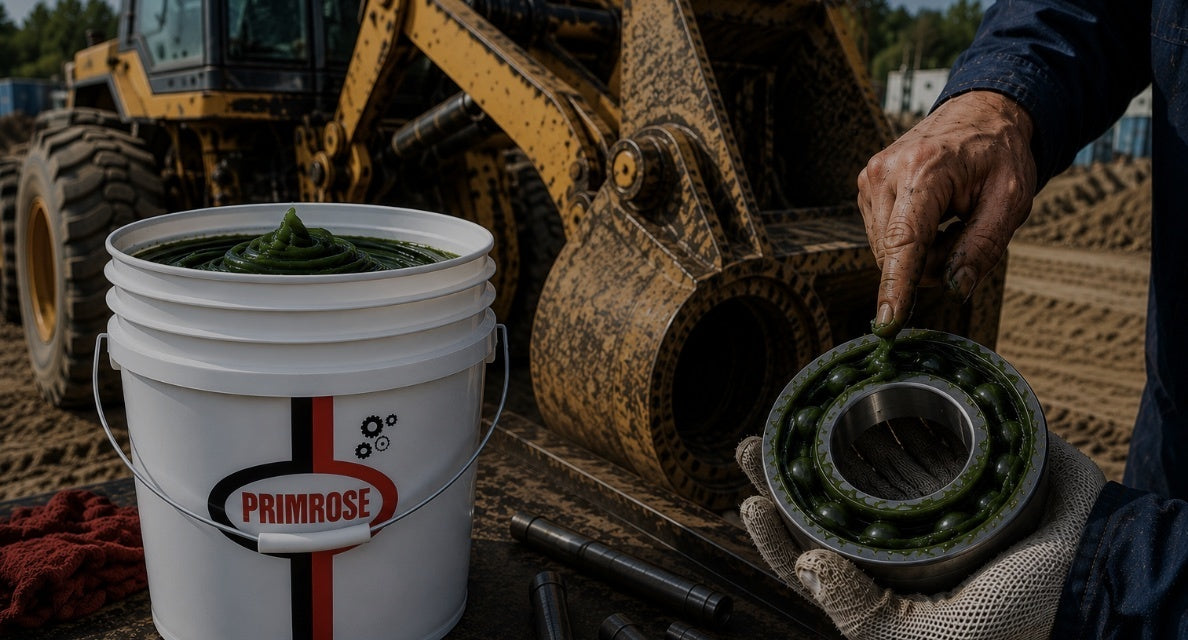 Technician Applying Primrose 327 Armor Plate with Moly-D multipurpose grease to heavy duty bearing before installation on construction equipment, providing extreme pressure protection, water resistance, rust protection, and extended bearing life.