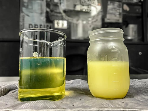 Gelled diesel fuel in beakers - cold-weather fuel test - ASJ Products