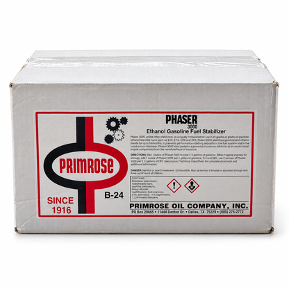 Sealed case of Primrose Phaser 3000 Ethanol Gasoline Fuel Stabilizer, 24 count, marked B-24 on the Primrose label.