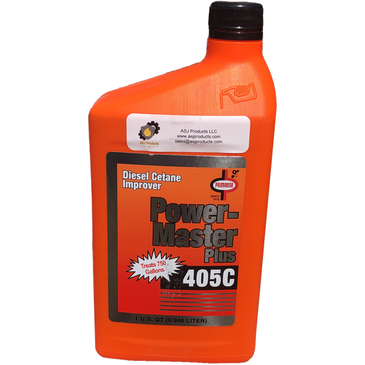 Close-up of ASJ Products 405C Diesel Fuel Additive bottle, showing label and product details for diesel engine performance. Diesel fuel additive, power and fuel economy booster for heavy-duty diesel engines.