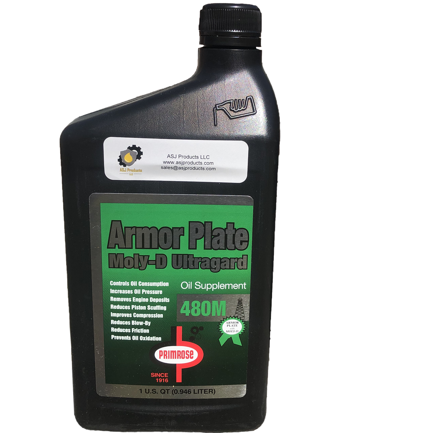 Primrose 480M Armor Plate with Moly D Ultragard engine oil container showing label with product details and branding. Engine oil supplement, Moly-D oil fortifier for engine wear protection.