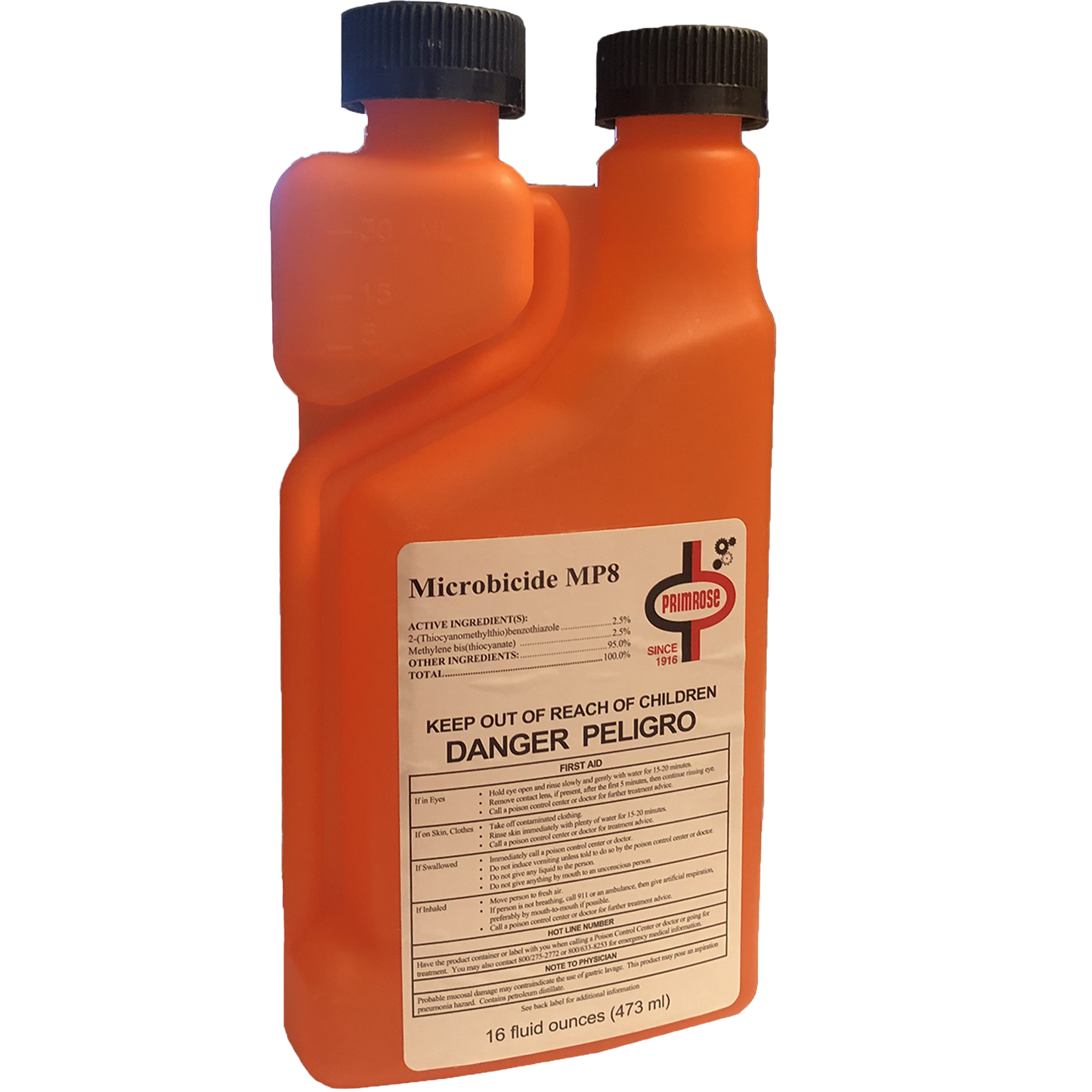 Primrose MP8 Microbicide diesel fuel additive bottle for bulk and long-term fuel storage applications. Diesel fuel biocide, microbicide for bulk fuel storage and tank treatment.