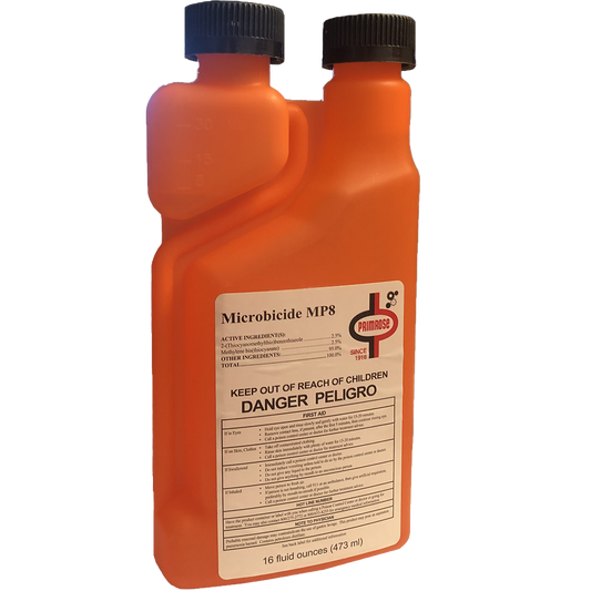 Primrose MP8 Microbicide diesel fuel additive bottle for bulk and long-term fuel storage applications. Diesel fuel biocide, microbicide for bulk fuel storage and tank treatment.