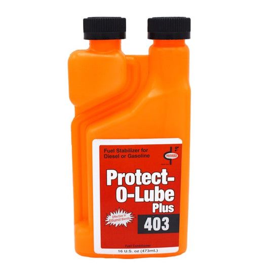 ASJ Products 403 Protect O Lube Plus gasoline additive bottle with label, used for fuel system protection and performance enhancement. Gasoline fuel additive, injector and carburetor cleaner and fuel stabilizer.
