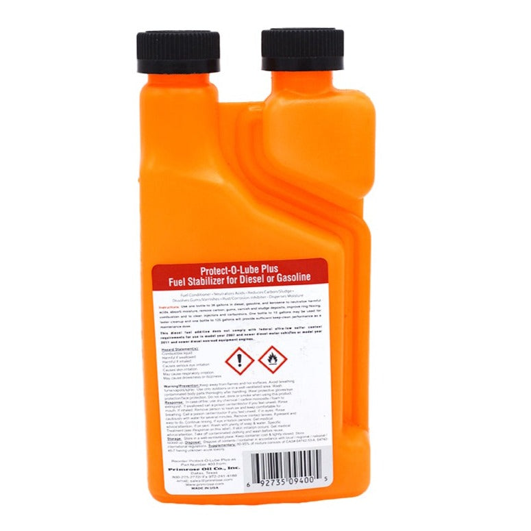 ASJ Products LLC 403 Protect O Lube Plus gasoline additive bottle, close-up shot showing label and product packaging. Gasoline fuel additive, injector and carburetor cleaner and fuel stabilizer.